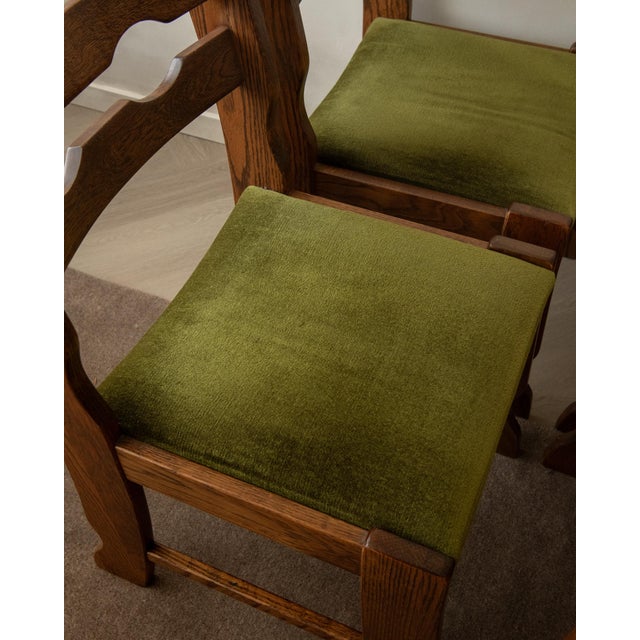 Brutalist Oak Razorback Dining Chairs with Green Velvet, 1970s, Set of 4 For Sale - Image 16 of 18