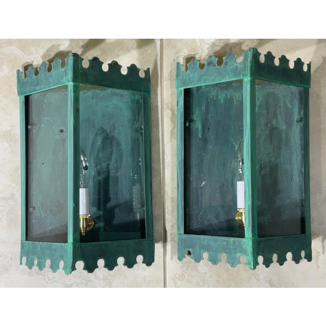 Pair of Artistic Vintage Patinated Metal Wall Lantern Sconces For Sale In Miami - Image 6 of 16