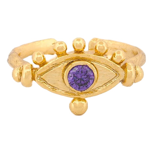 Mystic Amethyst Evil Eye Gold Adjustable Band Ring, Size 8 For Sale