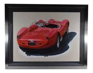 Late 20th Century "Vintage Ferrari Sports Race Car" Mixed-Media Drawing by Dave Blyth, Framed