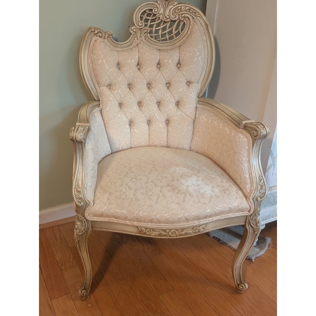 1940s Vintage Italian Style Carved Upholstered Arm Chairs With Tufted Backs - Set of 2 For Sale In Washington DC - Image 6 of 9