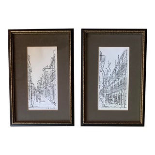 1970 Franz Weiss Pen & Ink Drawings of New Orleans, Signed and Framed - a Pair For Sale