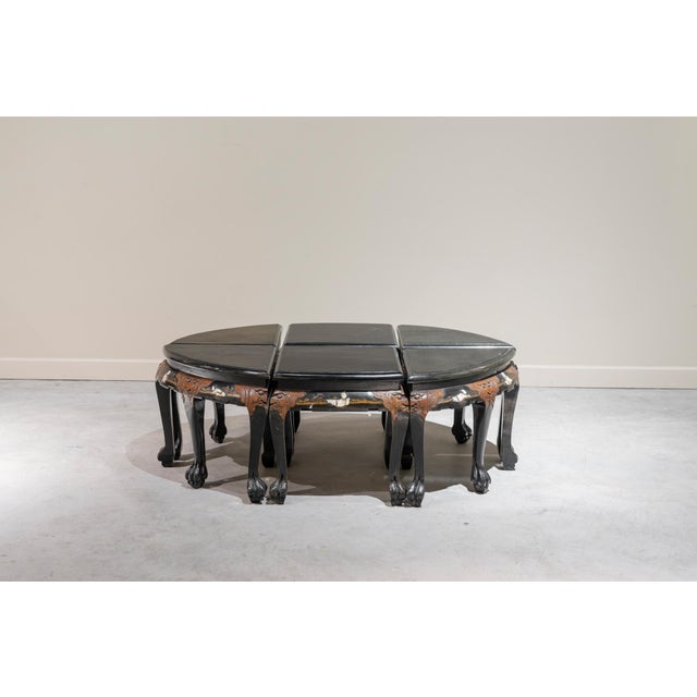 Vintage Chinese Tables in Black Lacquered Wood with Carvings, 1950s, Set of 6 For Sale - Image 9 of 9