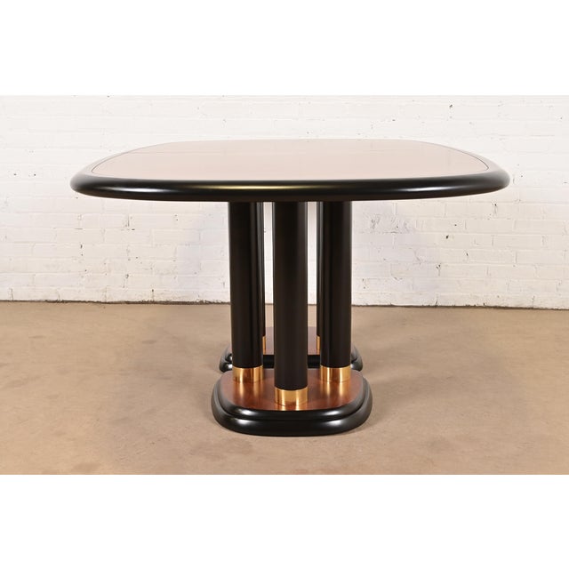Drexel Heritage Modern Art Deco Walnut and Black Lacquered Double Pedestal Extension Dining Table, Newly Refinished For Sale - Image 12 of 14