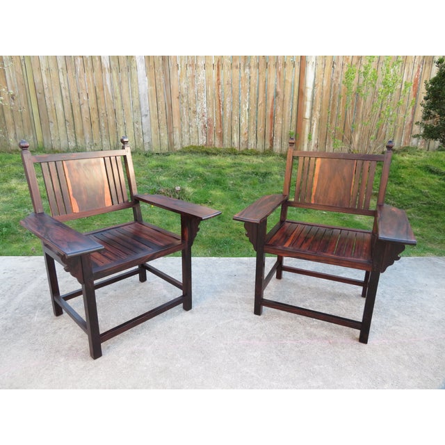 Vintage ~ Mortise Tenon Arts & Crafts Style ~ Exotic Wood Arm Chair Pair ~ Ziricote Macassar ~ Mid Century Rosewood For Sale - Image 4 of 15
