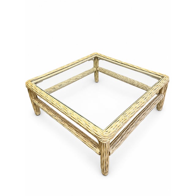 Beige Late 20th Century Coastal Wicker and Rattan Square Glass-Top Coffee Table For Sale - Image 8 of 8