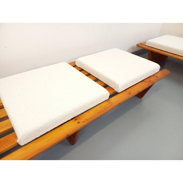 Vintage Benches in Pine and Bouclé Fabric in the style of Charlotte Perriand, 1960s, Set of 2 For Sale - Image 11 of 18