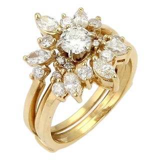 Solitaire & Insert Diamond 14k Yellow Gold Set of Round & Marquise Ring - Size 7 For Sale