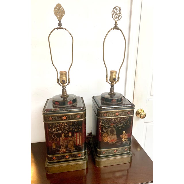 Vintage Asian Fredrick Cooper Tin Tea Table Lamp - a Pair For Sale - Image 9 of 11
