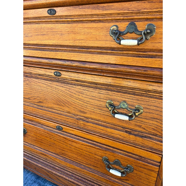 1980s Dixie Furniture Recollections Rustic Country French Solid Oak Chest With Oval Table Mirror For Sale - Image 12 of 12