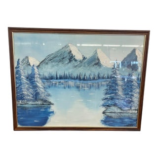 Vintage Framed Snow-Capped Mountain Lake Landscape Painting, Signed, Blue Tonal Scenic Wall Art.. For Sale