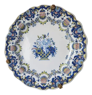 Antique French Quimper Plate with Cherub and Floral Decor and Lion Claw Brass Hanger, 19th Century