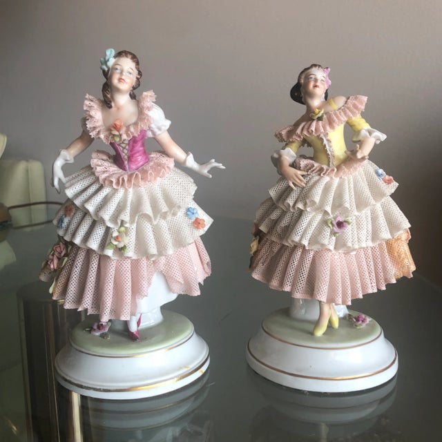 1940s Female Porcelain Figurines With Dresden Lace - a Pair For Sale - Image 10 of 10
