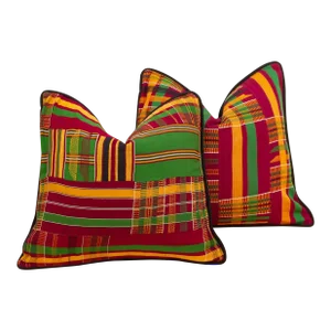 Set of Two, Red & Green Vintage African Kente Pillow Covers