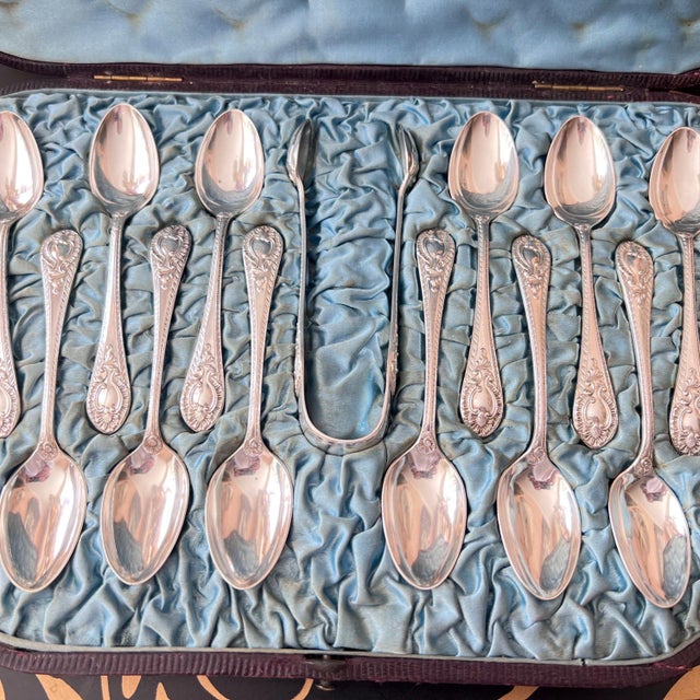 Antique Set of 12 demitasse spoons and sugar tongs in original satin-lined case // hostess gift // coffee service // rococo // shell motif For Sale - Image 12 of 18