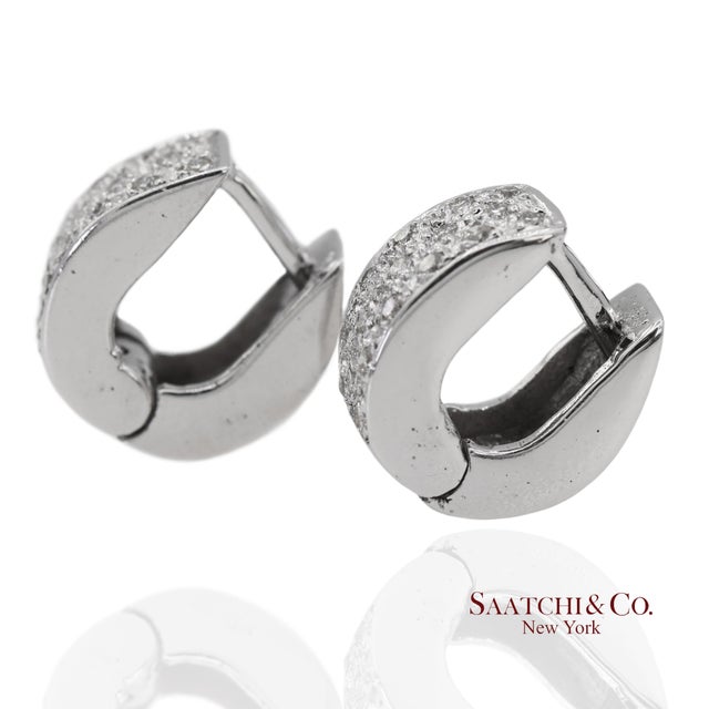 18k 750 Solid White Gold Natural Diamond Huggie Hoop Earrings, Pair For Sale - Image 4 of 12