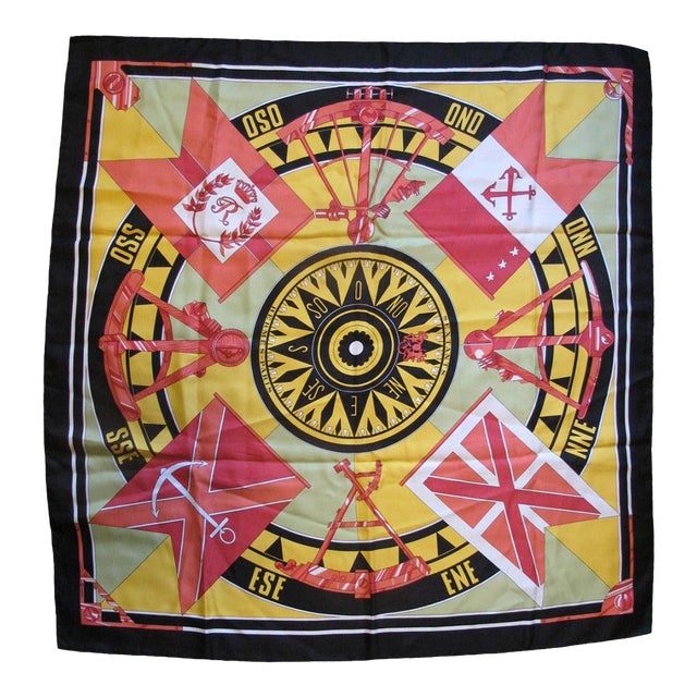 Hermes France Carre 90 Sextants Compass Pattern Black & Multi-Color Silk Scarf For Sale