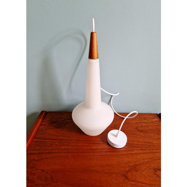 Scandinavian Pendant Light in Satin White Opaline Glass and Teak, 1960s For Sale - Image 12 of 14