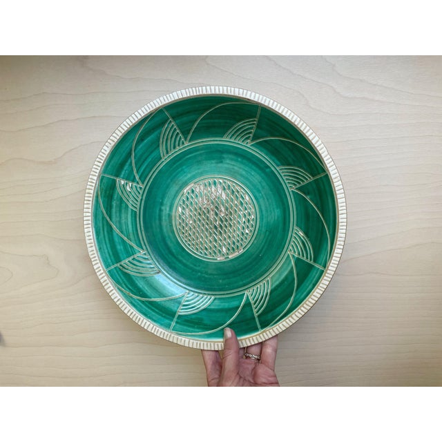 Vintage large 11.5" diameter Danish pottery bowl attributed to Haunsø Keramik, featuring a rich emerald-green distresses...