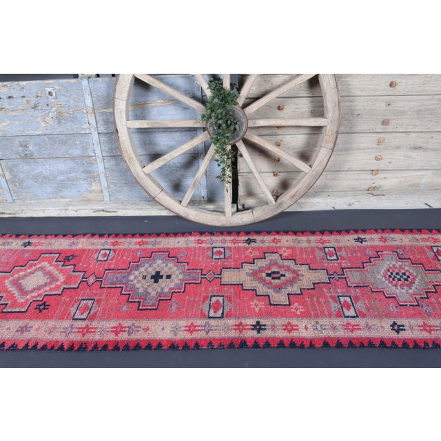 Vintage Turkish Oushak Handmade Wool Cotton Pink Runner Rug For Sale - Image 4 of 10