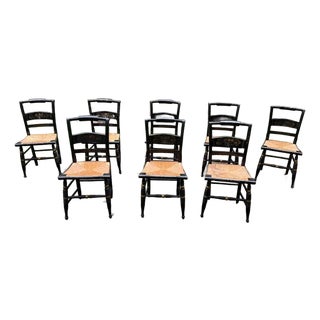 Mid 20th Century Set of 8 Hitchcock Style Black Painted Stenciled Dining Side Chairs With Rush Woven Seats For Sale