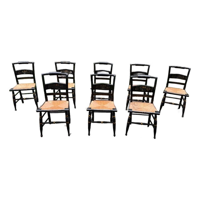 Mid 20th Century Set of 8 Hitchcock Style Black Painted Stenciled Dining Side Chairs With Rush Woven Seats For Sale