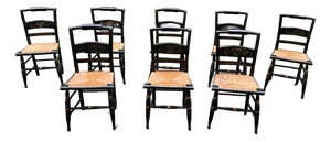 Mid 20th Century Set of 8 Hitchcock Style Black Painted Stenciled Dining Side Chairs With Rush Woven Seats
