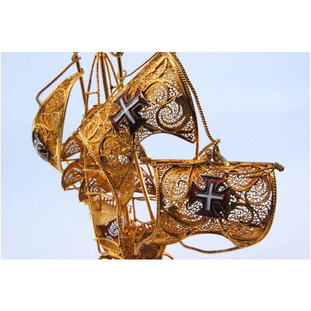 Silver Filigree Caravel with Enameled Crosses on the Sails and Mast For Sale - Image 6 of 10