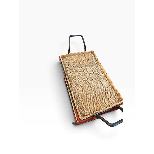 Stitched Leather and Rattan Bar Cart by Jacques Adnet, 1950s For Sale - Image 9 of 14