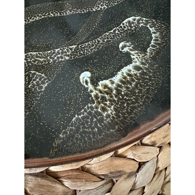 Contemporary Vintage 1970’s 13” Signed Handmade Glazed Concave Shallow Bowl in Olive, Brown, Deep Terracotta & Off White For Sale - Image 3 of 16