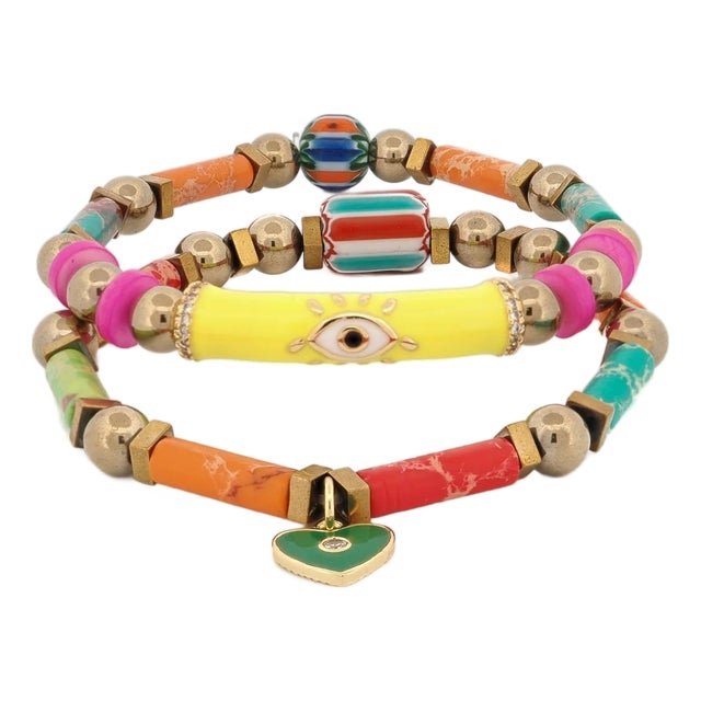 Colorful Jasper Guardian Evil Eye & Heart Charm Bracelet Set For Sale