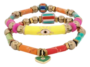 Colorful Jasper Guardian Evil Eye & Heart Charm Bracelet Set