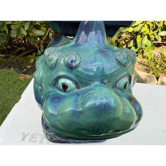 Blue Vintage Blue Green Glazed Terracotta Foo Dog Petite Garden Stool For Sale - Image 8 of 11