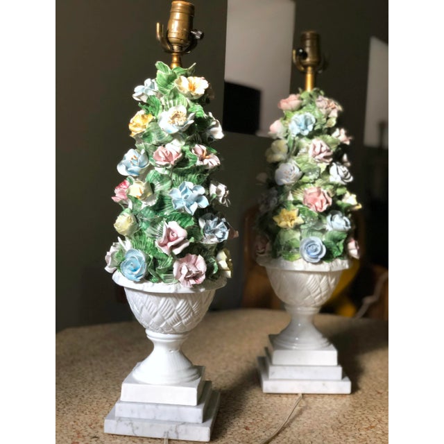 Midcentury Italian modern capodimonte porcelain topiary floral table lamp. Gorgeous handmade midcentury soft-paste...