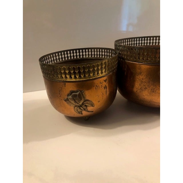 Copper 1940s Copper Brass Reticulated Footed Planters With Rose - A Pair For Sale - Image 8 of 18