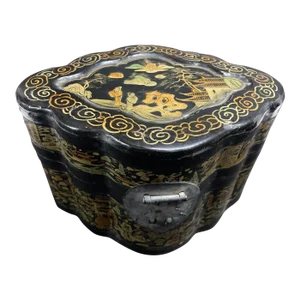 Large Antique Chinese Octagonal Black Lacquered Gilt Painted Covered Box 1940s