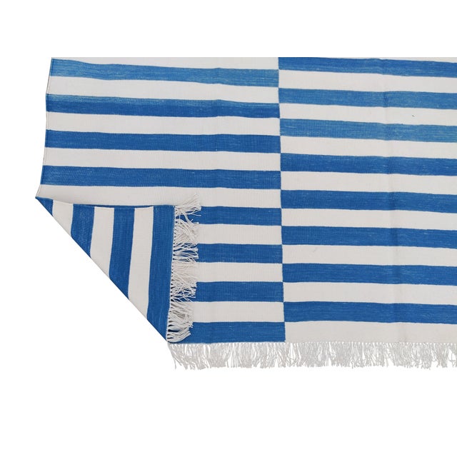 Textile Handmade Sky Blue and White Cotton Vegetable Dyed Striped Rug - 14'x16' For Sale - Image 7 of 9