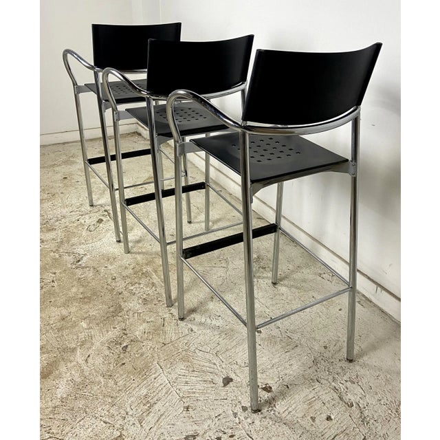 Late 20th Century Vintage 1980s Carlo Bertoli Breeze Bar Stools With Perforated Black Seats by Segis - Set of 3 For Sale - Image 5 of 11