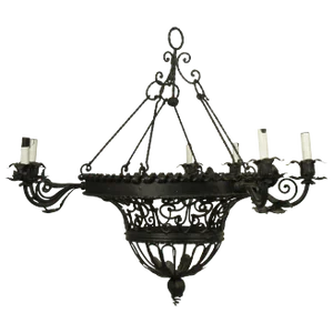 1950s French Wrought Iron Basket Chandelier