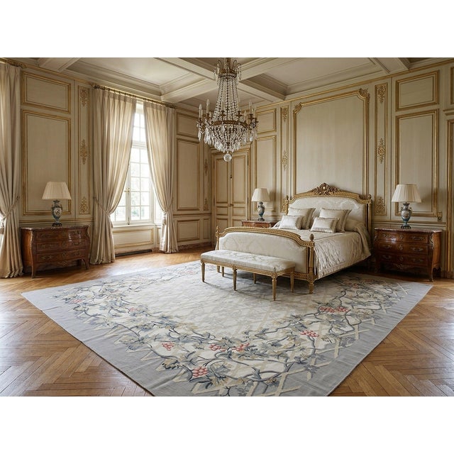 9x12 Vintage Aubusson Flat Weave Wool Rug, Grey Grapevine Trellis For Sale - Image 12 of 12