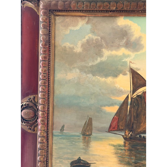 Signed 1920 Antique Maritime Sailboat Oil Painting in Ornate Painted Frame For Sale - Image 18 of 18