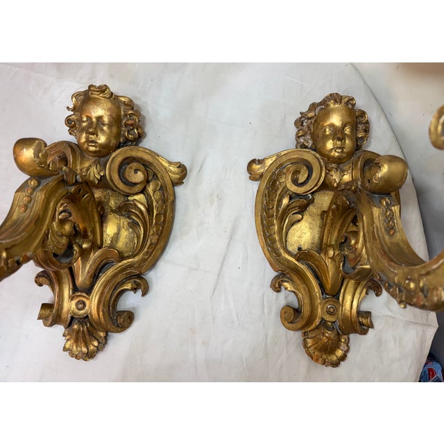 Wood Large Antique Ornate Carved Italian Gilt Wood Cherub Wall Sconce Fixtures - a Pair For Sale - Image 7 of 18