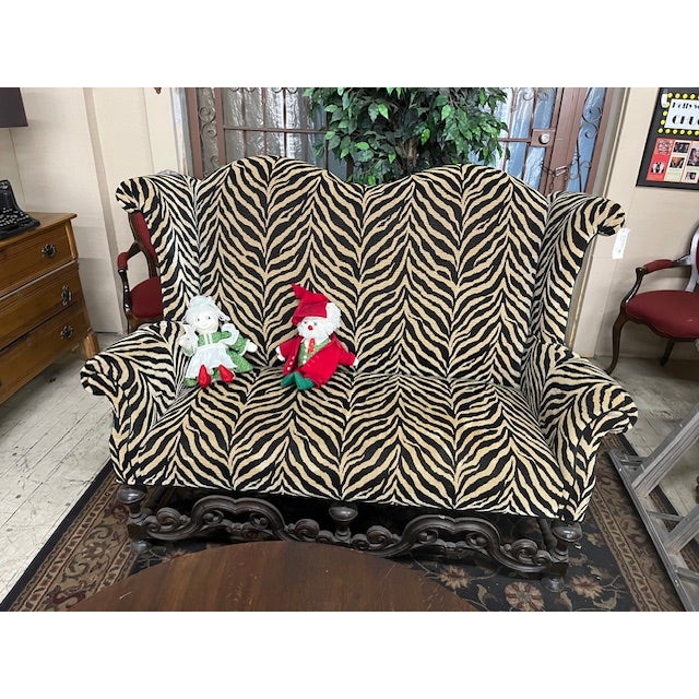 Vintage Kissinger Style Zebra Print High Back 1920s-1930s Sofa