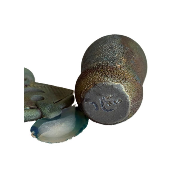 Signed Helene Fielder Raku Ceramic Pottery Vessel With Agate Lid / 1980s Art Studio Pottery / 80s Modernist Vase For Sale - Image 13 of 13