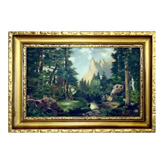 Sentinel Rock Through Pines Yosemite Oil on Board - After Thomas Moran Circa 1915 For Sale