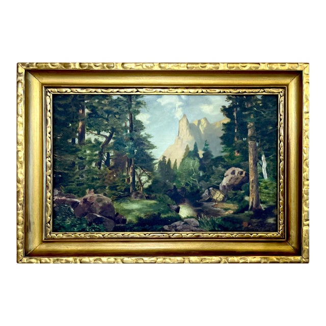Sentinel Rock Through Pines Yosemite Oil on Board - After Thomas Moran Circa 1915 For Sale