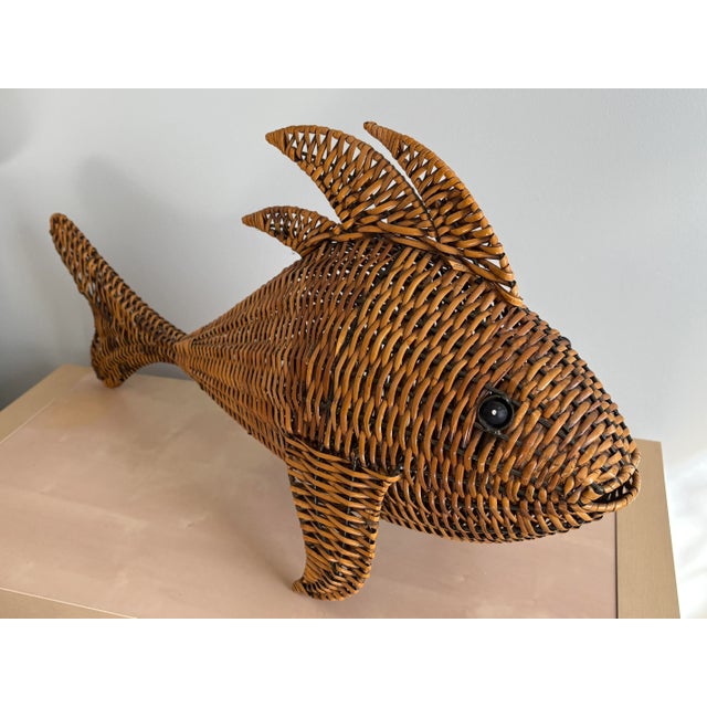 Vintage Metal-Framed Woven Rattan or Wicker Fish Large Nautical Beach Decor For Sale - Image 6 of 7