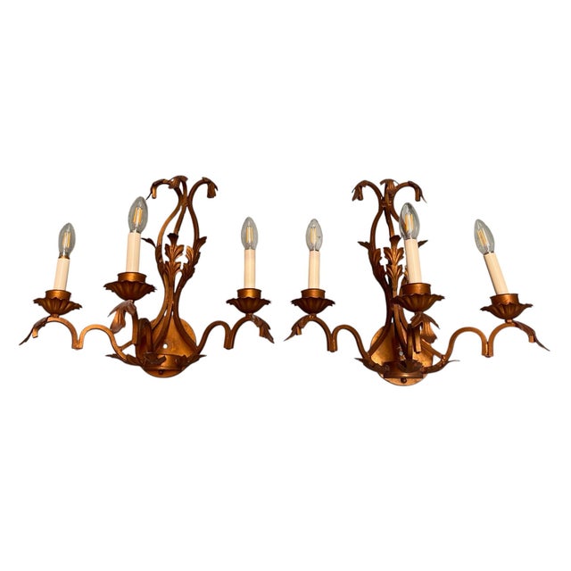 Pair of Vintage Hollywood Regency Gilt Metal 3-Light Sconces For Sale - Image 4 of 12