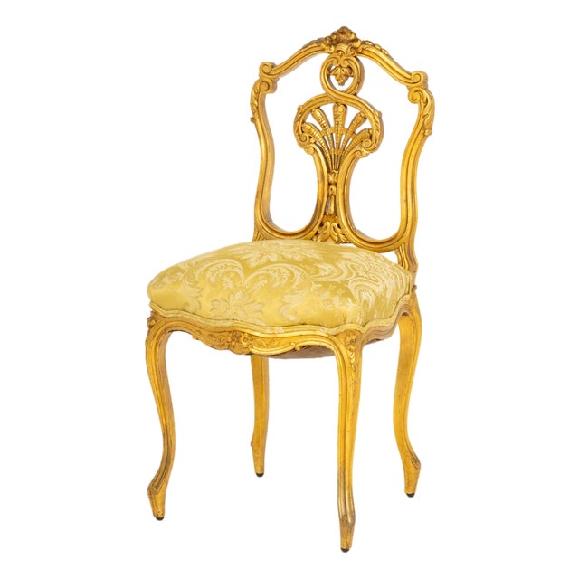 Rococo Revival Yellow Damask Giltwood Side Chair For Sale