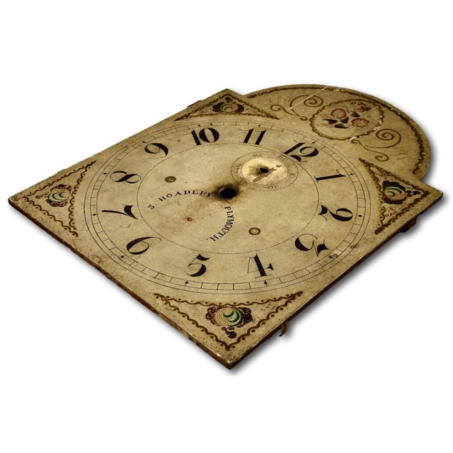 Antique American Hand Painted Wood Grandfather Clock Dial by Connecticut Maker Silas Hoadley - Circa Very Early 1800s For Sale - Image 14 of 18